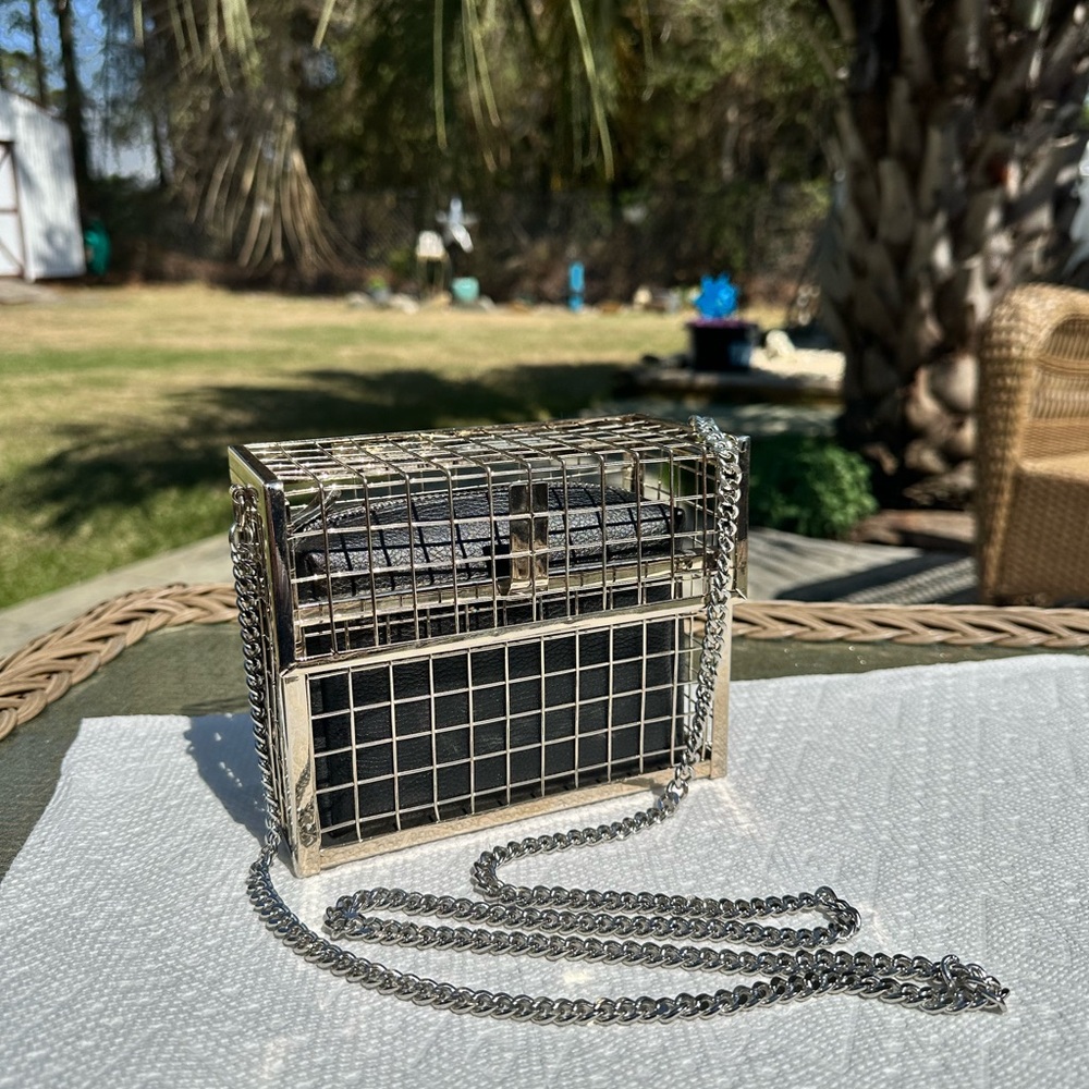 Silver and Black Cage Clutch with Chain - Picture 9 of 11